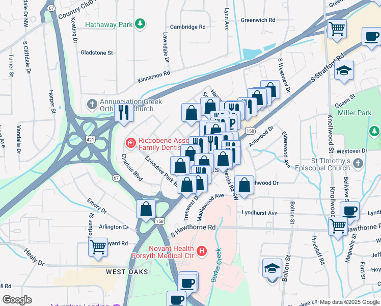 map of restaurants, bars, coffee shops, grocery stores, and more near 406 Harvey Street in Winston-Salem