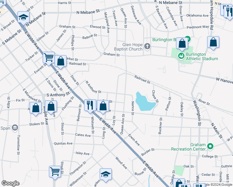 map of restaurants, bars, coffee shops, grocery stores, and more near 1101 North Anthony Street in Burlington