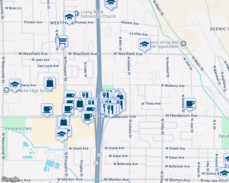map of restaurants, bars, coffee shops, grocery stores, and more near 885 West Mulberry Avenue in Porterville