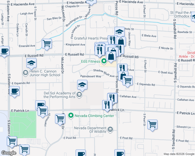 map of restaurants, bars, coffee shops, grocery stores, and more near 3247 Shadow Bluff Avenue in Las Vegas