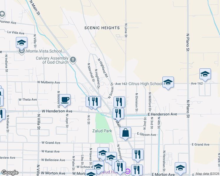 map of restaurants, bars, coffee shops, grocery stores, and more near in Porterville