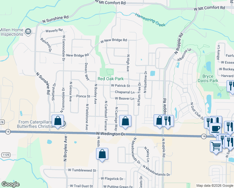 map of restaurants, bars, coffee shops, grocery stores, and more near 4459 West Patrick Street in Fayetteville
