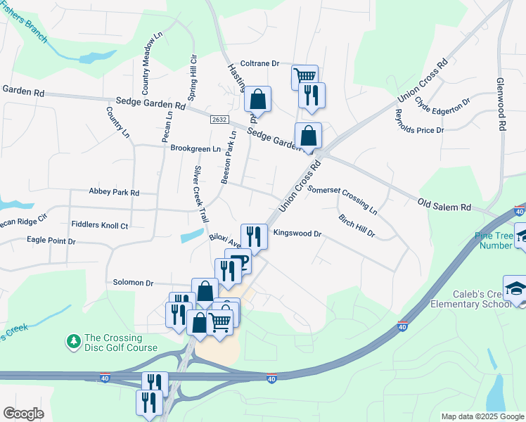 map of restaurants, bars, coffee shops, grocery stores, and more near 1434 Union Cross Road in Kernersville