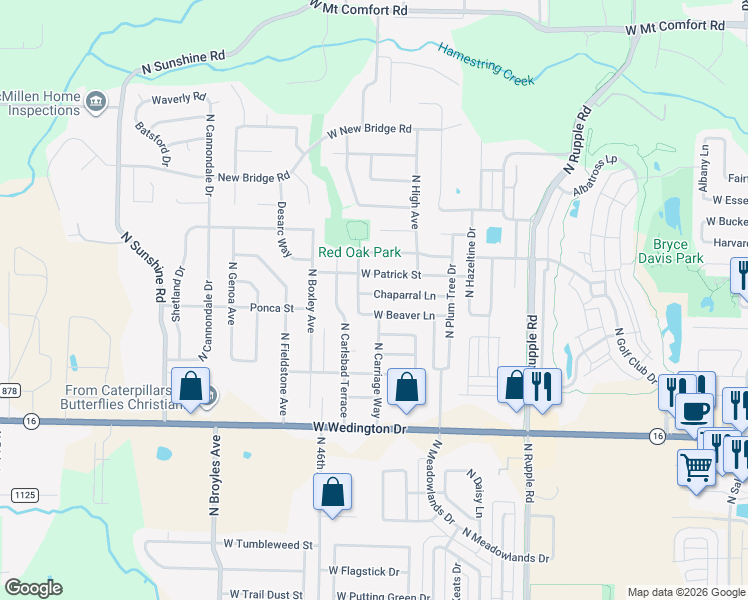 map of restaurants, bars, coffee shops, grocery stores, and more near 4459 West Patrick Street in Fayetteville