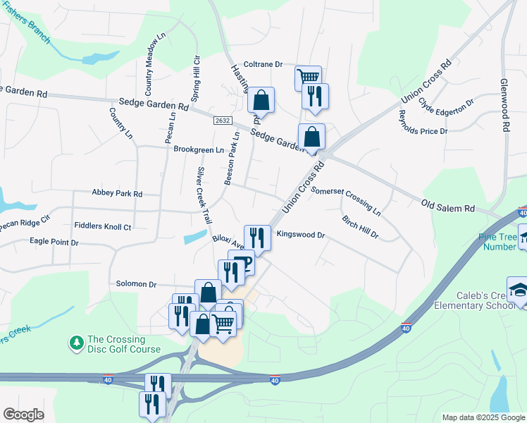 map of restaurants, bars, coffee shops, grocery stores, and more near 1434 Union Cross Road in Kernersville