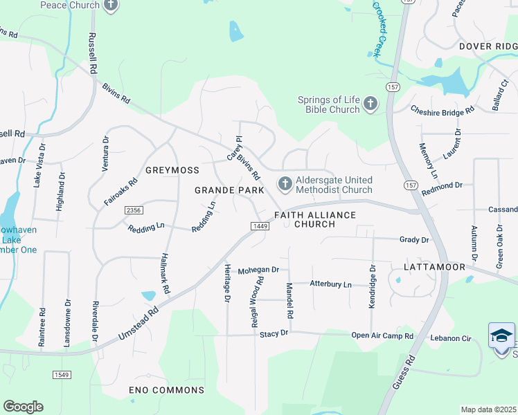 map of restaurants, bars, coffee shops, grocery stores, and more near 1708 Mystic Drive in Durham