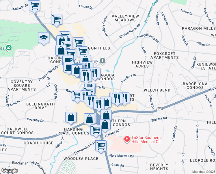 map of restaurants, bars, coffee shops, grocery stores, and more near 320 Welch Road in Nashville