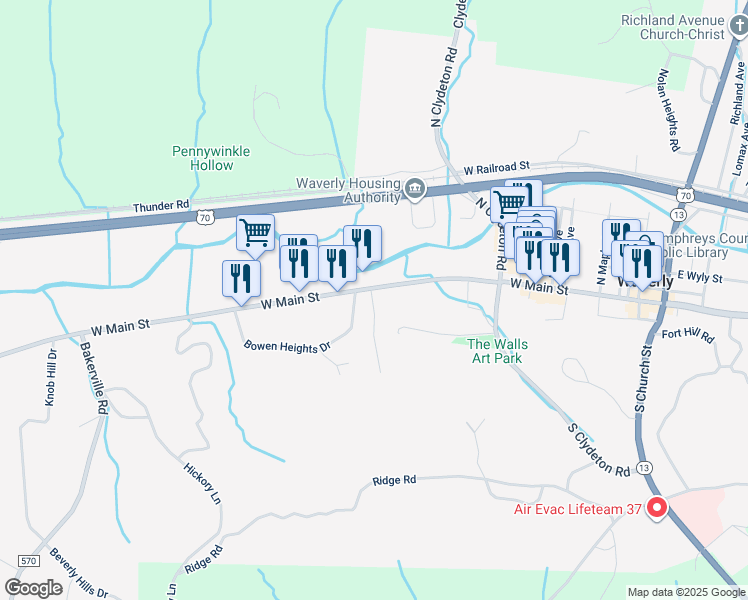 map of restaurants, bars, coffee shops, grocery stores, and more near 437 West Main Street in Waverly