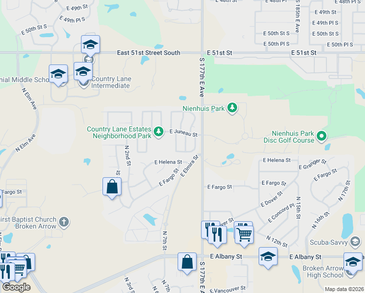 map of restaurants, bars, coffee shops, grocery stores, and more near 3223 North 7th Place in Broken Arrow