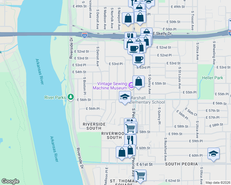 map of restaurants, bars, coffee shops, grocery stores, and more near 5507 South Norfolk Avenue in Tulsa