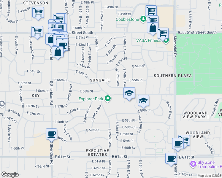 map of restaurants, bars, coffee shops, grocery stores, and more near 7220 East 55th Place in Tulsa