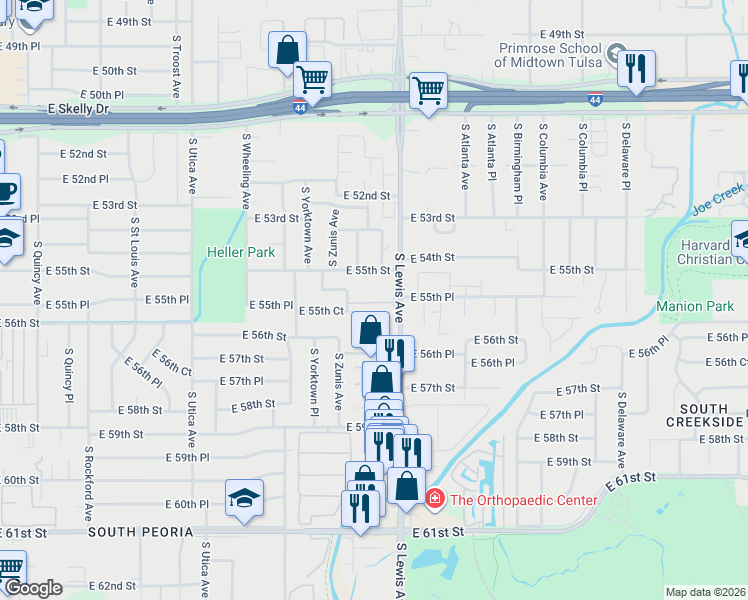 map of restaurants, bars, coffee shops, grocery stores, and more near 2231 East 55th Place in Tulsa