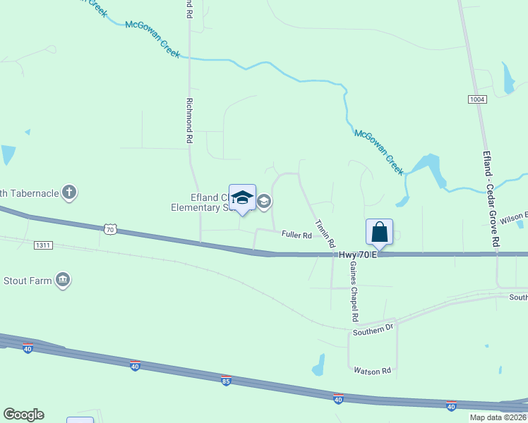 map of restaurants, bars, coffee shops, grocery stores, and more near 4401 Fuller Road in Efland