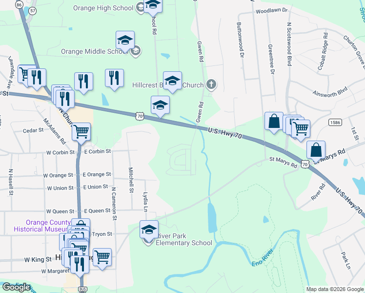 map of restaurants, bars, coffee shops, grocery stores, and more near 605 U.S. 70 in Hillsborough