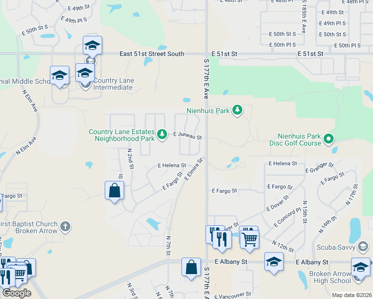 map of restaurants, bars, coffee shops, grocery stores, and more near 3223 North 7th Place in Broken Arrow