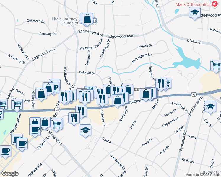map of restaurants, bars, coffee shops, grocery stores, and more near 231 Colonial Drive in Burlington
