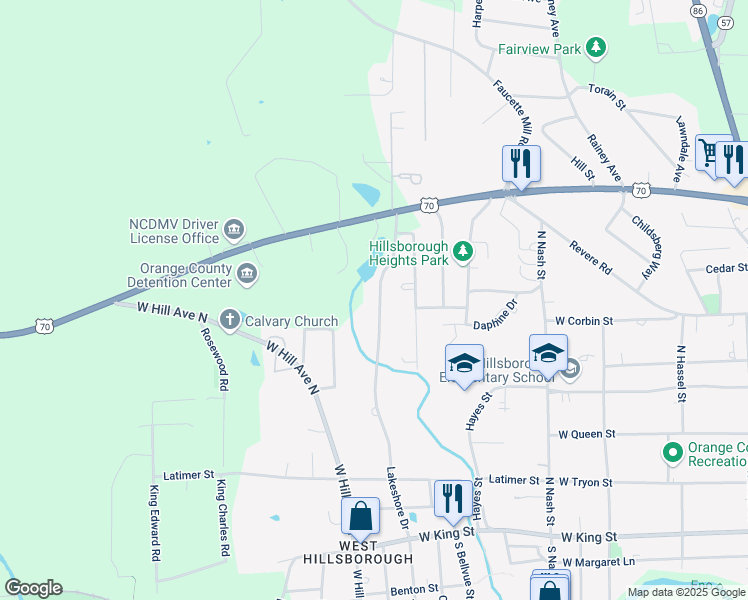 map of restaurants, bars, coffee shops, grocery stores, and more near 615 Lakeshore Drive in Hillsborough