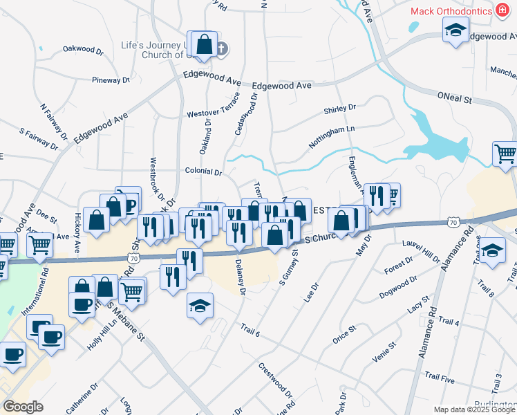 map of restaurants, bars, coffee shops, grocery stores, and more near 205 Tremont Drive in Burlington