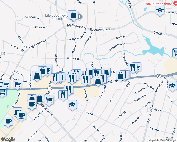 map of restaurants, bars, coffee shops, grocery stores, and more near 208 Colonial Drive in Burlington