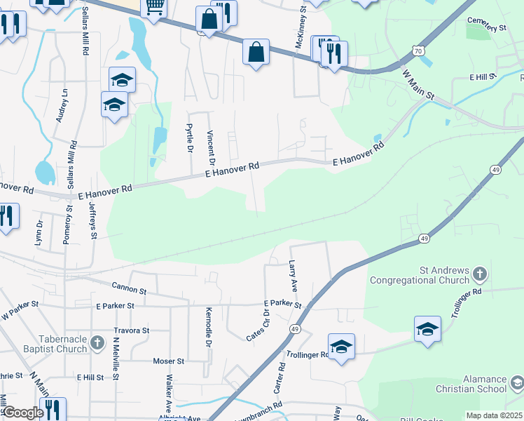 map of restaurants, bars, coffee shops, grocery stores, and more near 1103 Kelly Street in Graham