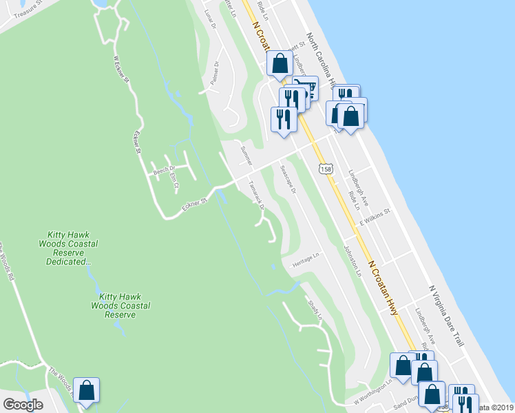 map of restaurants, bars, coffee shops, grocery stores, and more near 4616 Tamarack Drive in Kitty Hawk