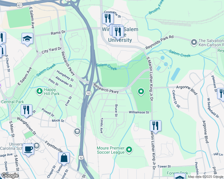 map of restaurants, bars, coffee shops, grocery stores, and more near Timlic Avenue in Winston-Salem