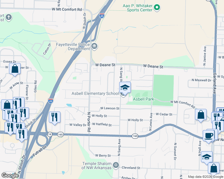 map of restaurants, bars, coffee shops, grocery stores, and more near 1628 Evening Shade Drive in Fayetteville