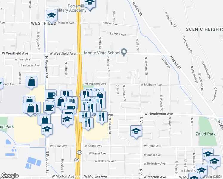 map of restaurants, bars, coffee shops, grocery stores, and more near 950 North Indiana Street in Porterville