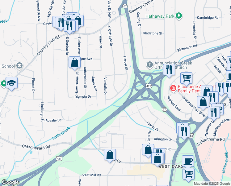 map of restaurants, bars, coffee shops, grocery stores, and more near 500 Harper Street in Winston-Salem