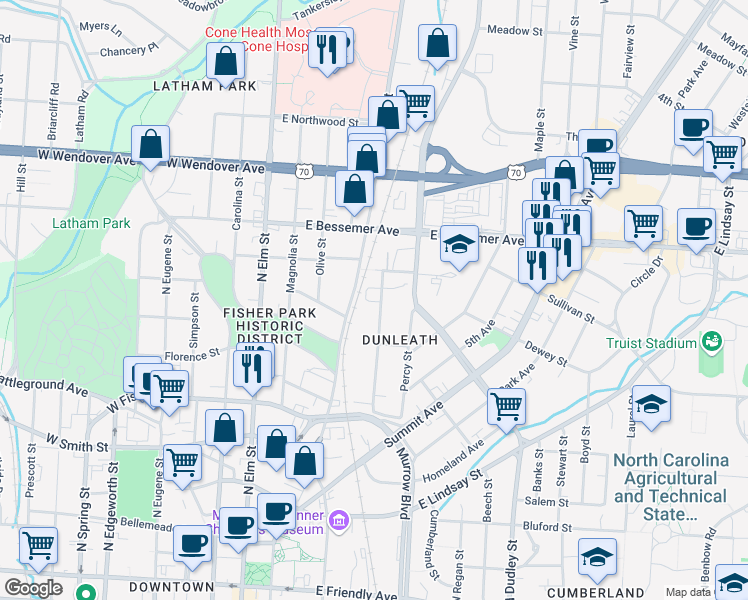 map of restaurants, bars, coffee shops, grocery stores, and more near 753 Chestnut Street in Greensboro