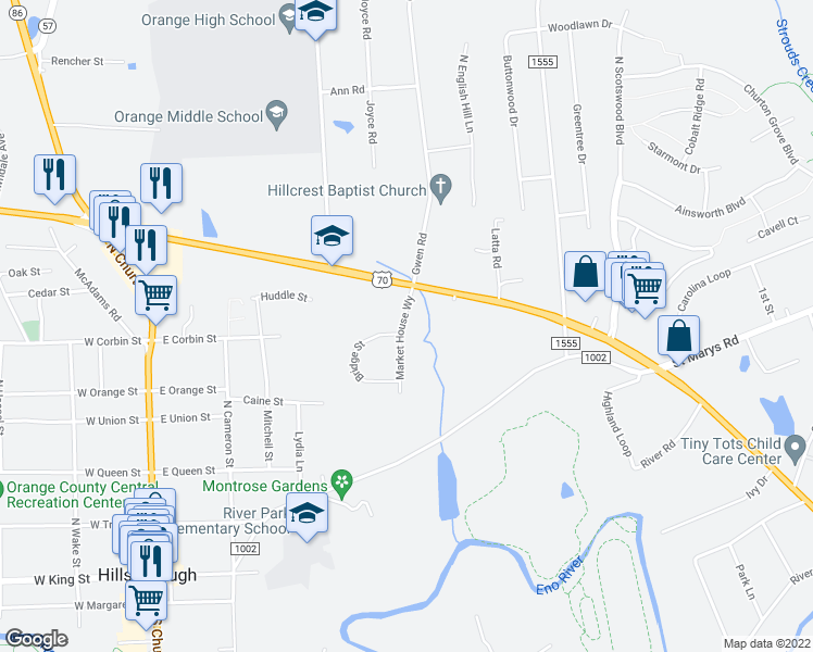 map of restaurants, bars, coffee shops, grocery stores, and more near 613 U.S. 70 in Hillsborough
