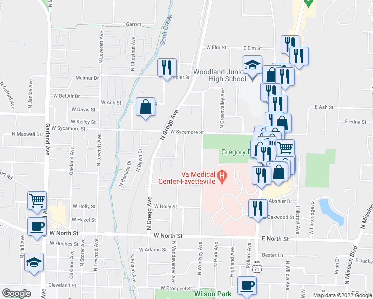 map of restaurants, bars, coffee shops, grocery stores, and more near 1632 North Forest Heights in Fayetteville