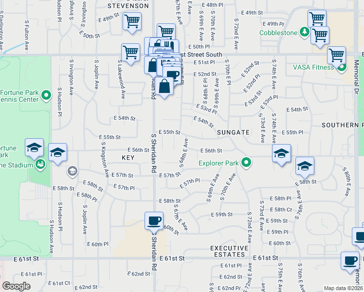 map of restaurants, bars, coffee shops, grocery stores, and more near 5511 South 67th East Avenue in Tulsa