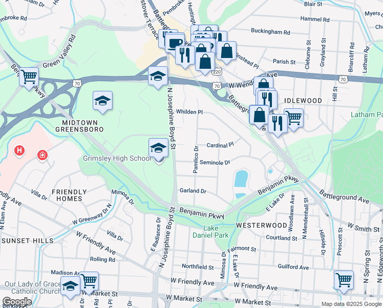 map of restaurants, bars, coffee shops, grocery stores, and more near 911 Pamlico Drive in Greensboro