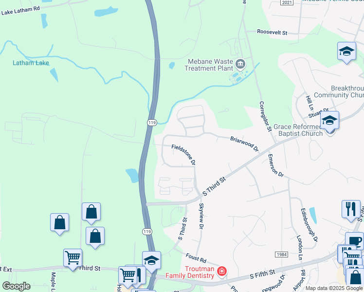 map of restaurants, bars, coffee shops, grocery stores, and more near 1130 Fieldstone Drive in Mebane