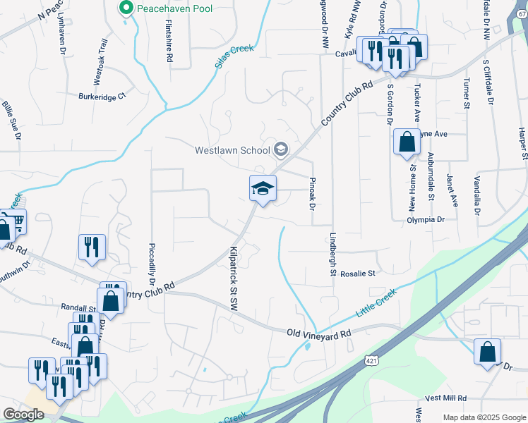 map of restaurants, bars, coffee shops, grocery stores, and more near 4332 Country Club Road in Winston-Salem