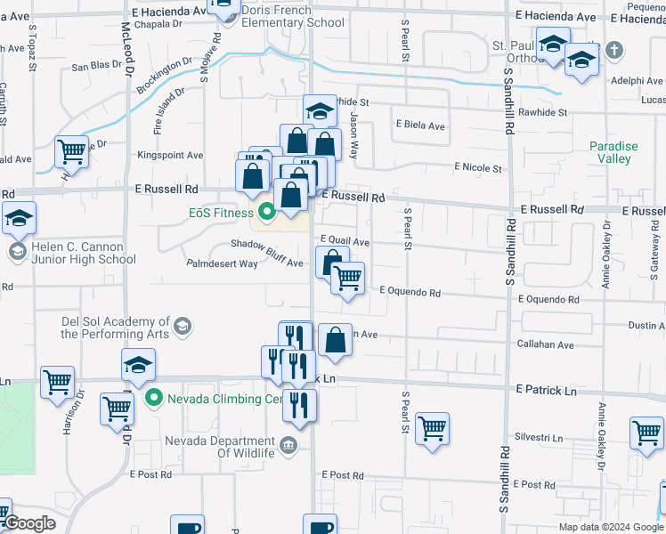map of restaurants, bars, coffee shops, grocery stores, and more near 5868 South Pecos Road in Las Vegas
