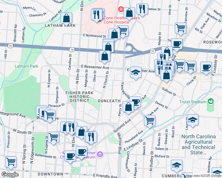 map of restaurants, bars, coffee shops, grocery stores, and more near 765 Chestnut Street in Greensboro