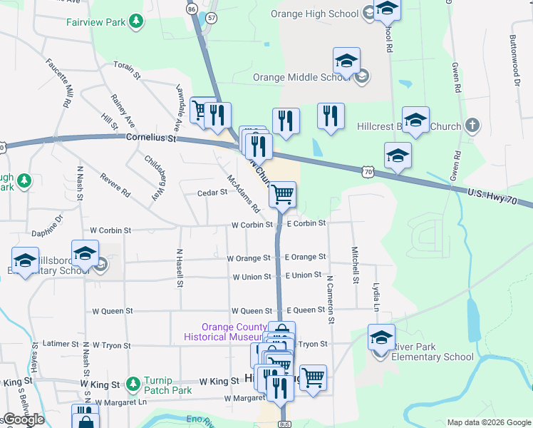 map of restaurants, bars, coffee shops, grocery stores, and more near 626 McAdams Road in Hillsborough
