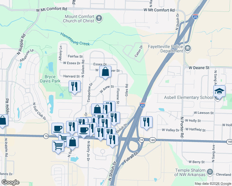 map of restaurants, bars, coffee shops, grocery stores, and more near 3055 West Anne Street in Fayetteville