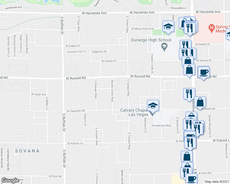 map of restaurants, bars, coffee shops, grocery stores, and more near 76 Monte Cristo Way in Las Vegas