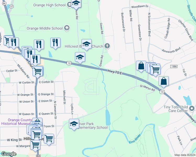 map of restaurants, bars, coffee shops, grocery stores, and more near 613 U.S. 70 in Hillsborough