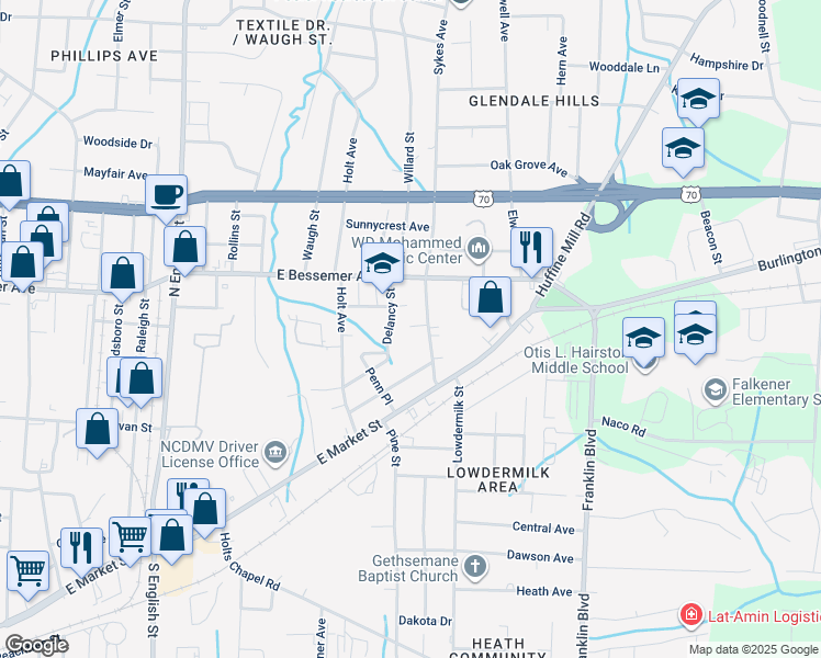 map of restaurants, bars, coffee shops, grocery stores, and more near 501 Sykes Avenue in Greensboro