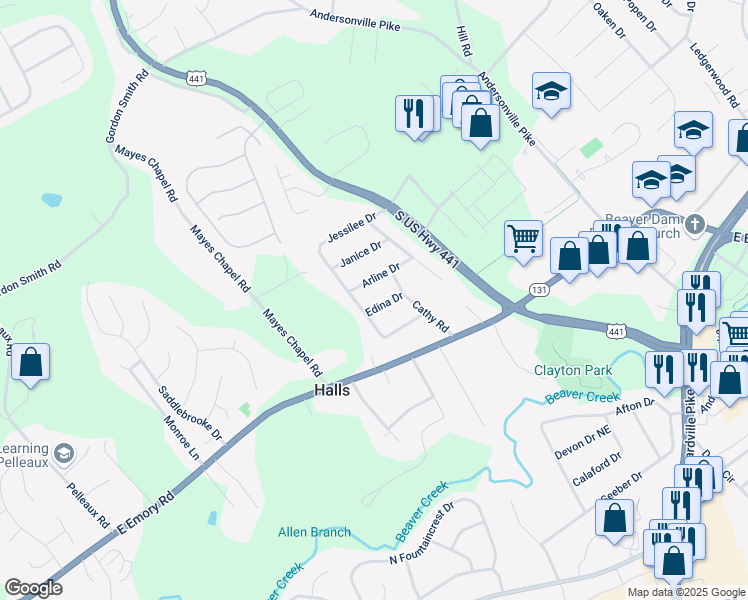 map of restaurants, bars, coffee shops, grocery stores, and more near 3912 Arline Drive in Knoxville