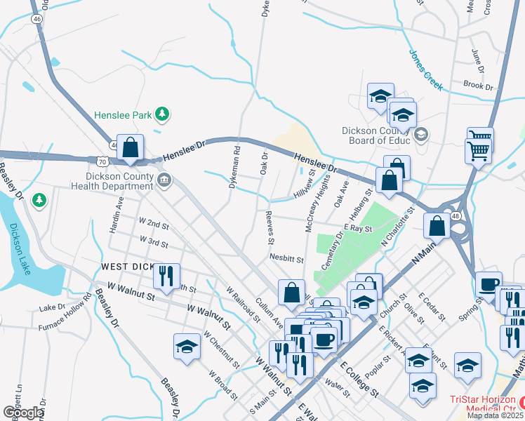map of restaurants, bars, coffee shops, grocery stores, and more near 200 Reeves Street in Dickson