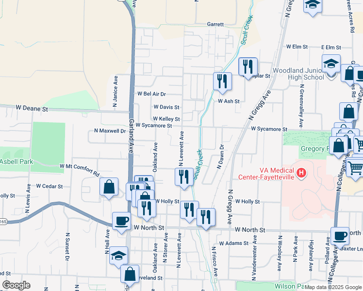 map of restaurants, bars, coffee shops, grocery stores, and more near 1606 North Leverett Avenue in Fayetteville