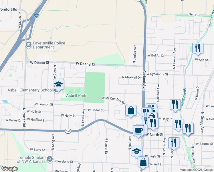 map of restaurants, bars, coffee shops, grocery stores, and more near 1633 N Stephens Ave in Fayetteville
