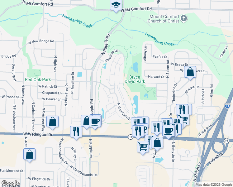 map of restaurants, bars, coffee shops, grocery stores, and more near 1466-1610 North Merion Way in Fayetteville