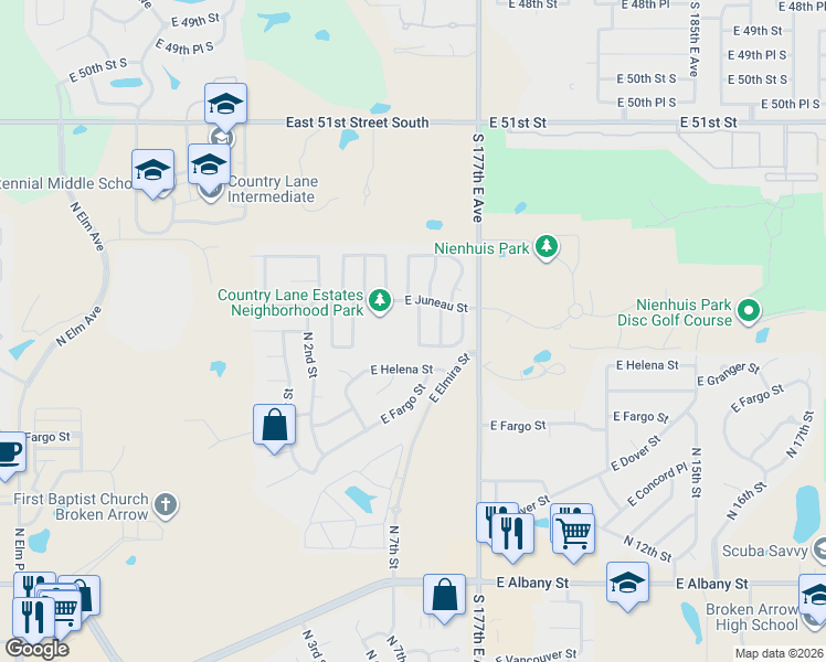 map of restaurants, bars, coffee shops, grocery stores, and more near 3220 North 6th Place in Broken Arrow