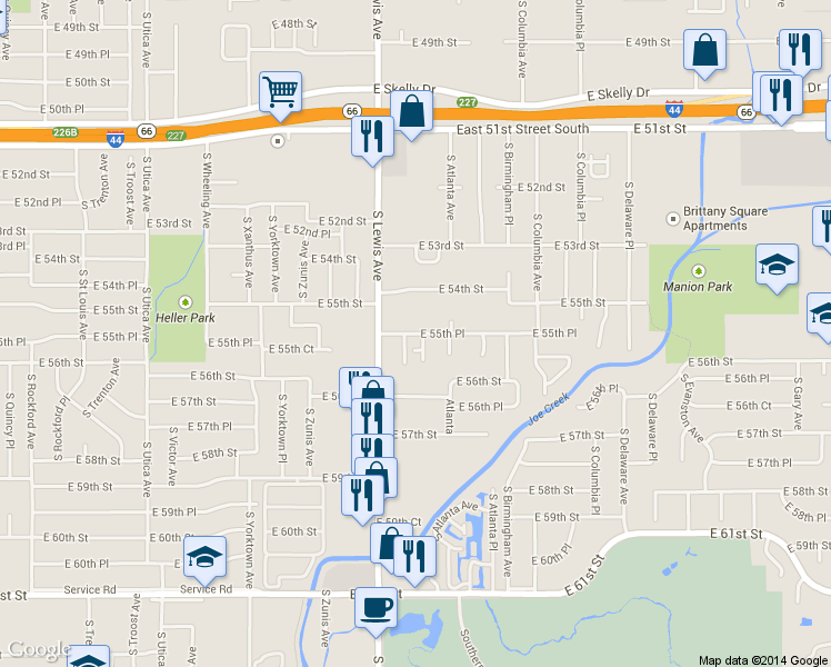 map of restaurants, bars, coffee shops, grocery stores, and more near 2411 East 55th Place in Tulsa